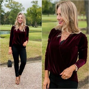 Gibson x Glam Squad Burgundy Velvet Wrap Top Y2K Style Holiday